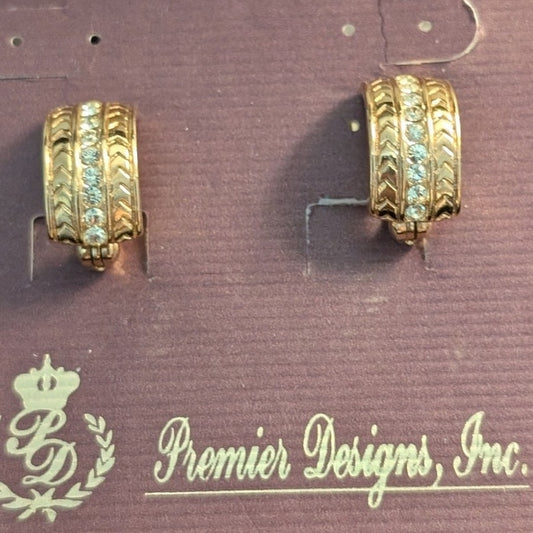 Vtg Premier Designs Serene Gold Tone Rhinestone Herringbone Clip On Earrings