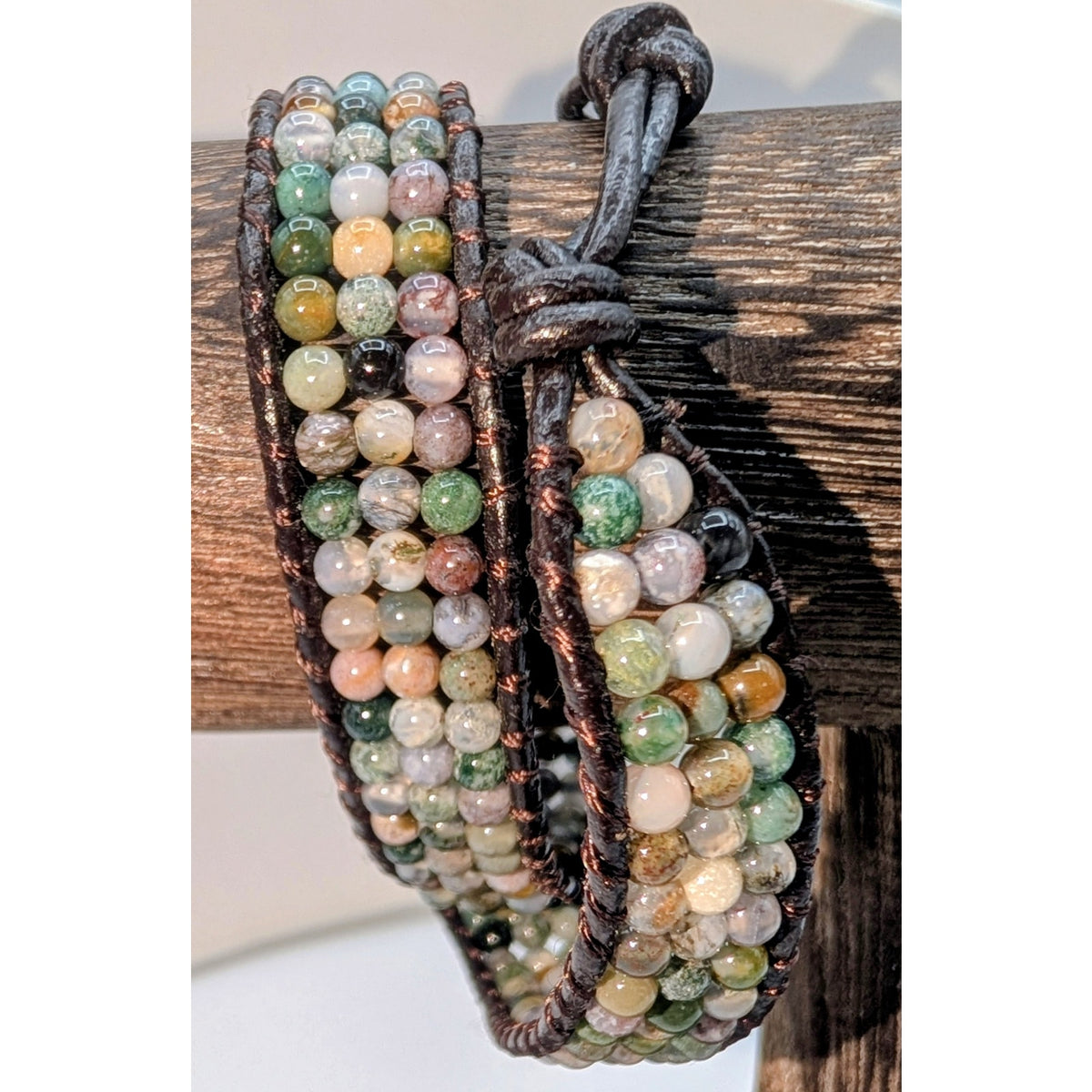 Lulu Dharma Green Brown Stone Neutral Tones Leather Wrap Bracelet