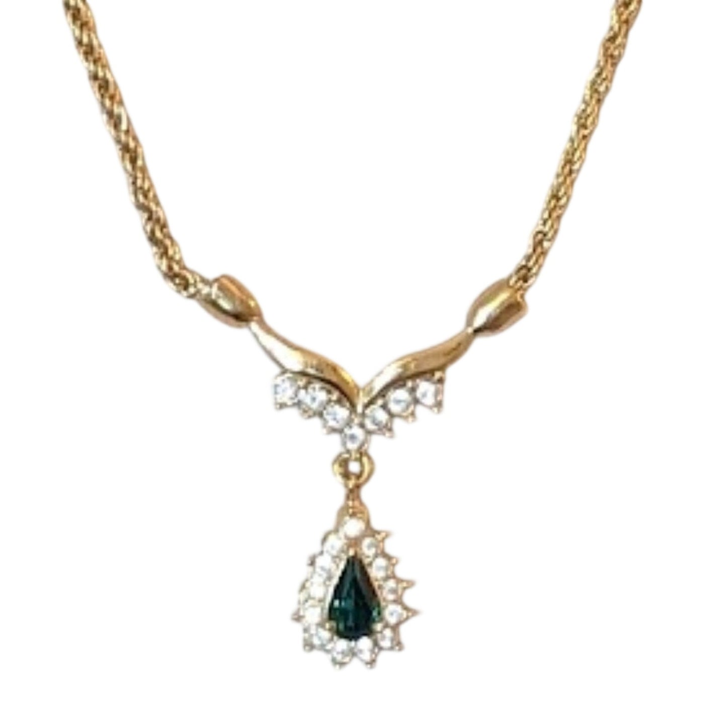 Vintage Marked Roman Gold Tone Green Stone Pave Pendant Chain Necklace