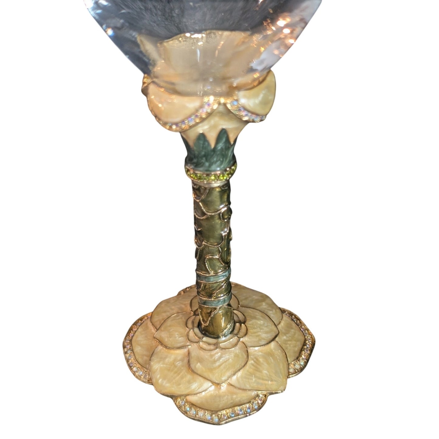 Vintage 2 Saints Yellow Green Enamel Rhinestone Embellished Wine Goblet