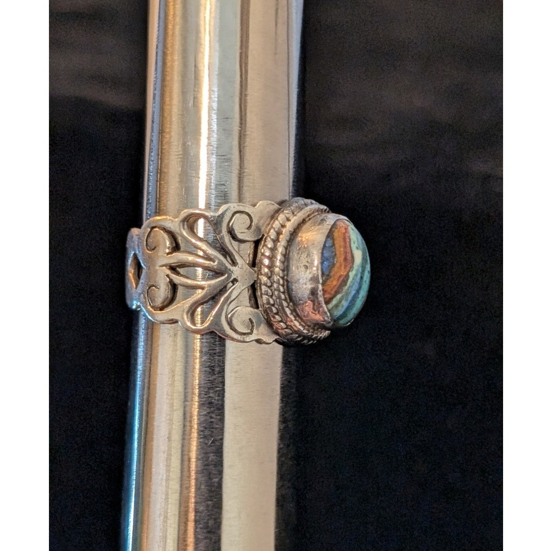 925 Sterling Silver Filigree Rainbow Calsilica Stone Ring Size 6.25