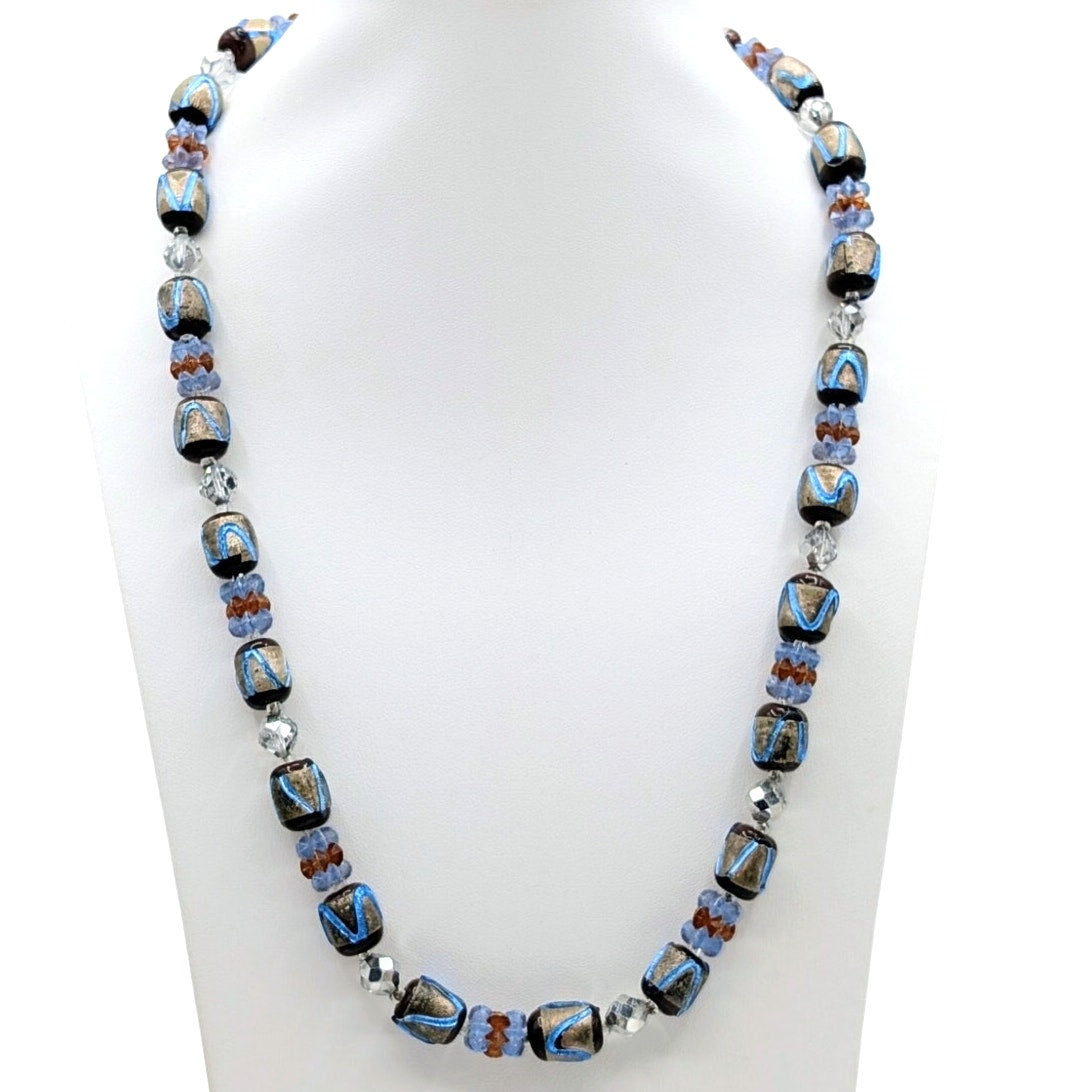 Vtg Brown & Electric Blue Japanese Foil Glass Bead Necklace & Clip Earring Set