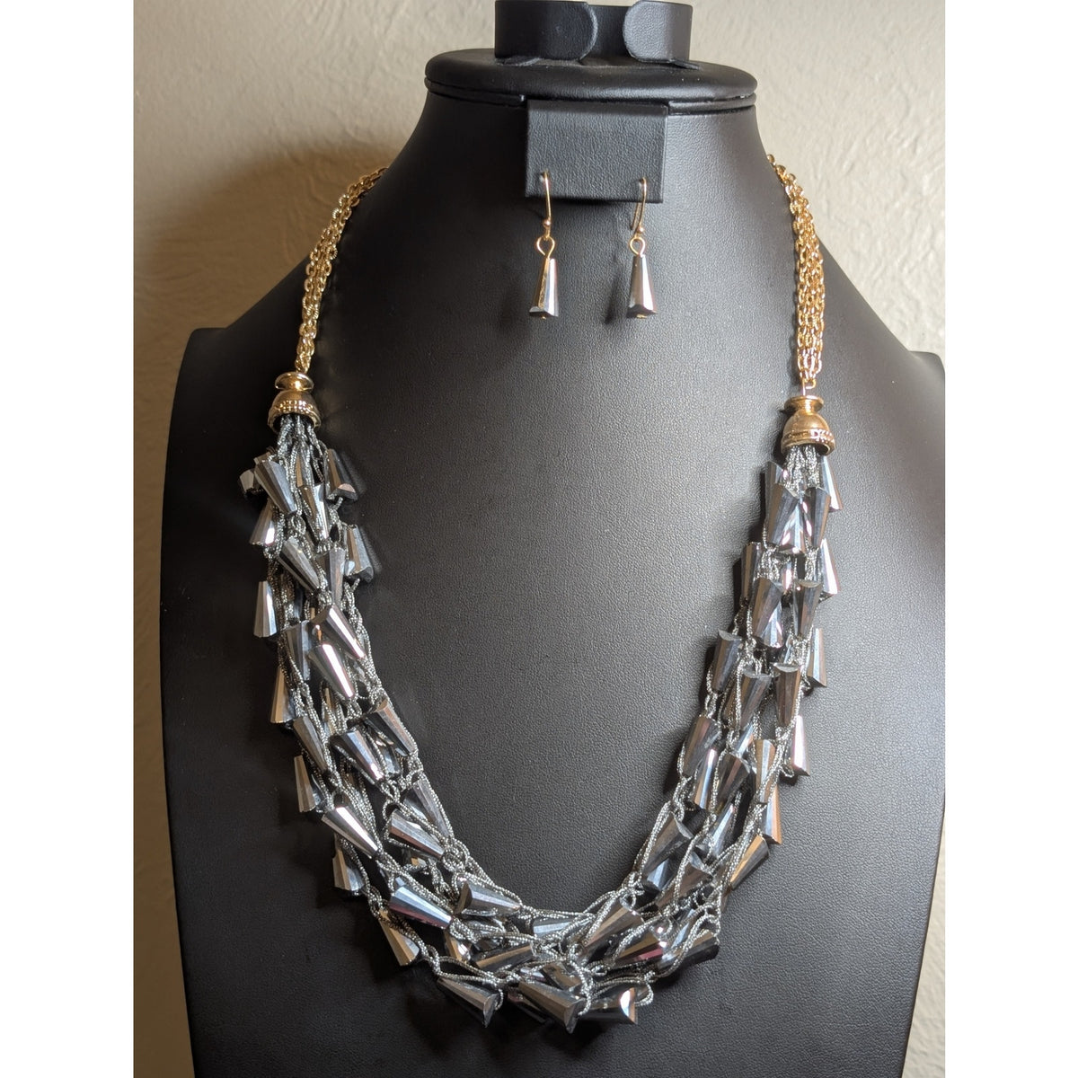 Multi-Layer Crochet Metallic Bead Two Tone Statement Necklace & Earring Set