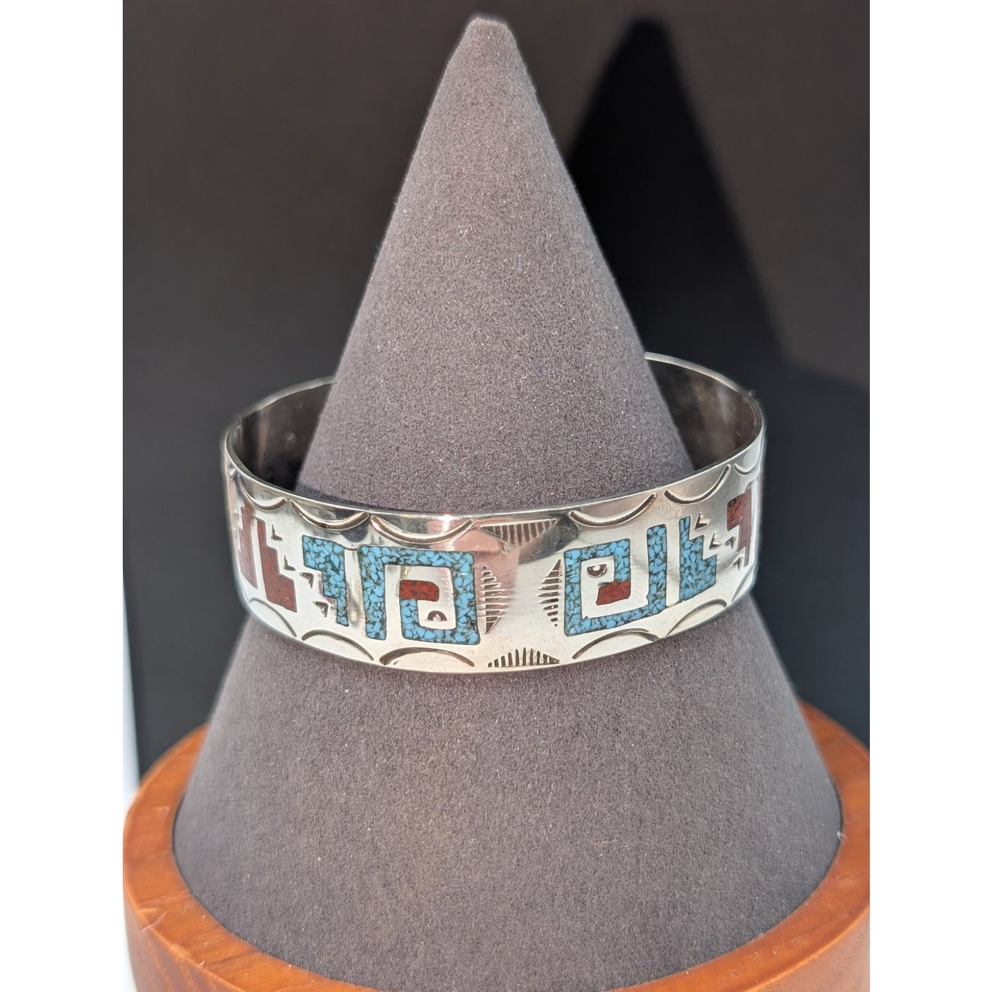 Vtg Navajo Sterling Silver Turquoise & Coral Chip Inlay Bracelet - Signed Ray B