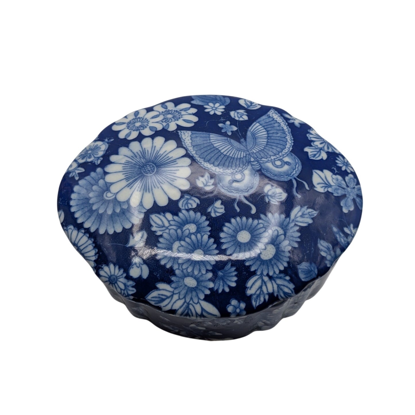 Vintage Blue & White Floral Butterfly Ceramic Trinket Box W/ Lid