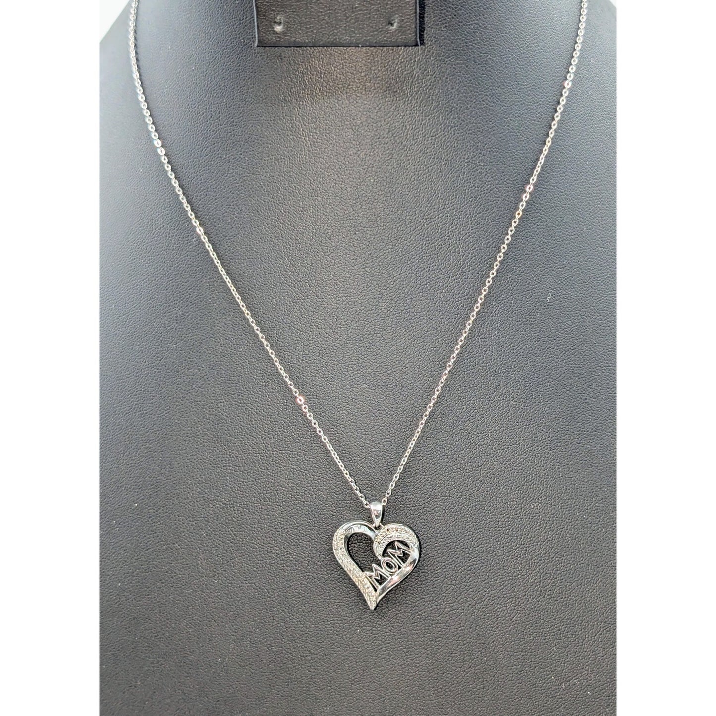 1/10 CT T.W. Diamond 'Mom' Heart 925 Sterling Silver Pendant 18" Chain Necklace
