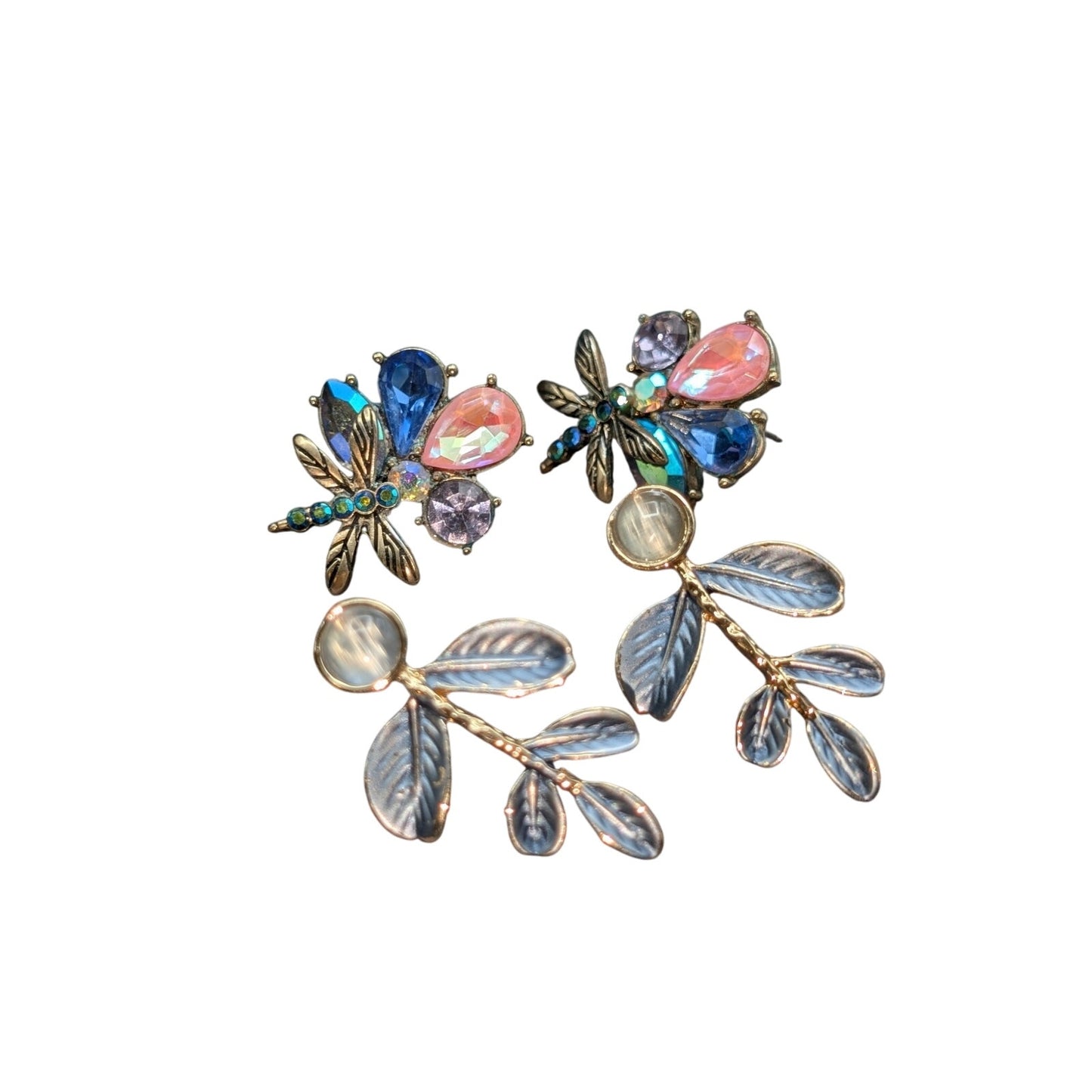 Lot of Three Pair Dusty Blue Dragonfly Rhinestone Pierced Earrings