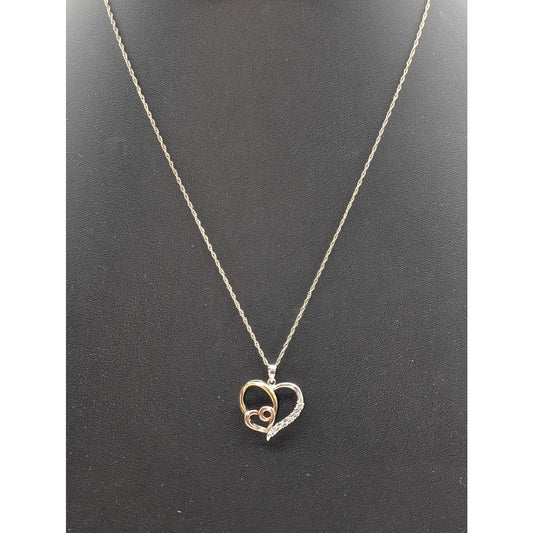 AU 925 Sterling Tri-Color Diamond Heart 'Love' Pendant 19" Chain Necklace
