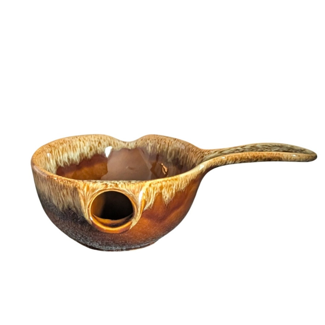 Vtg. Retro Ceramic Gravy Boat/Sauce/Separator Brown Drip Glaze w/ Handle
