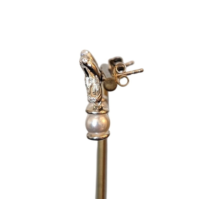 Marked 925 Sterling Silver Dangling Pearls Tied Up W/ A CZ Bow