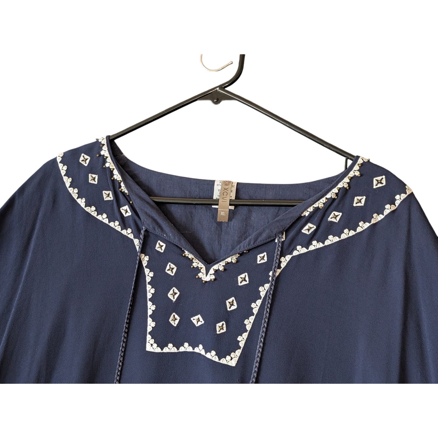 XCVI Navy Sheer Tunic Lace Bead Embellished Tie Neck 3/4 Sleeve Blouse Sz XL