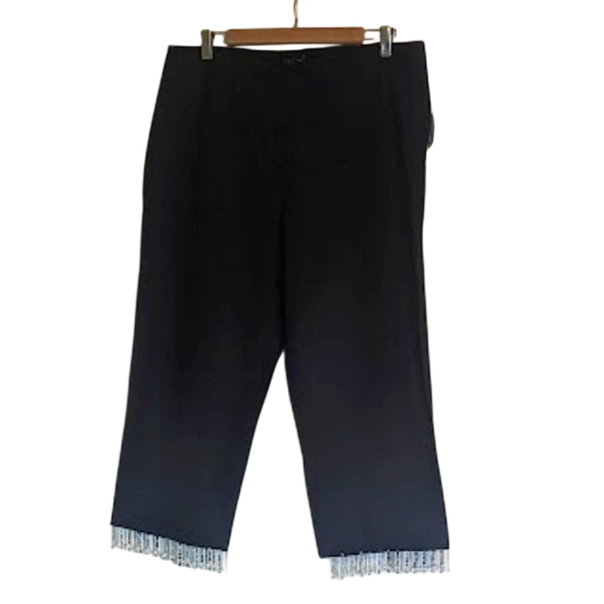 Vintage Studio Black Beaded Fringe Cotton Stretch Capri Pant Women's Sz 16.
