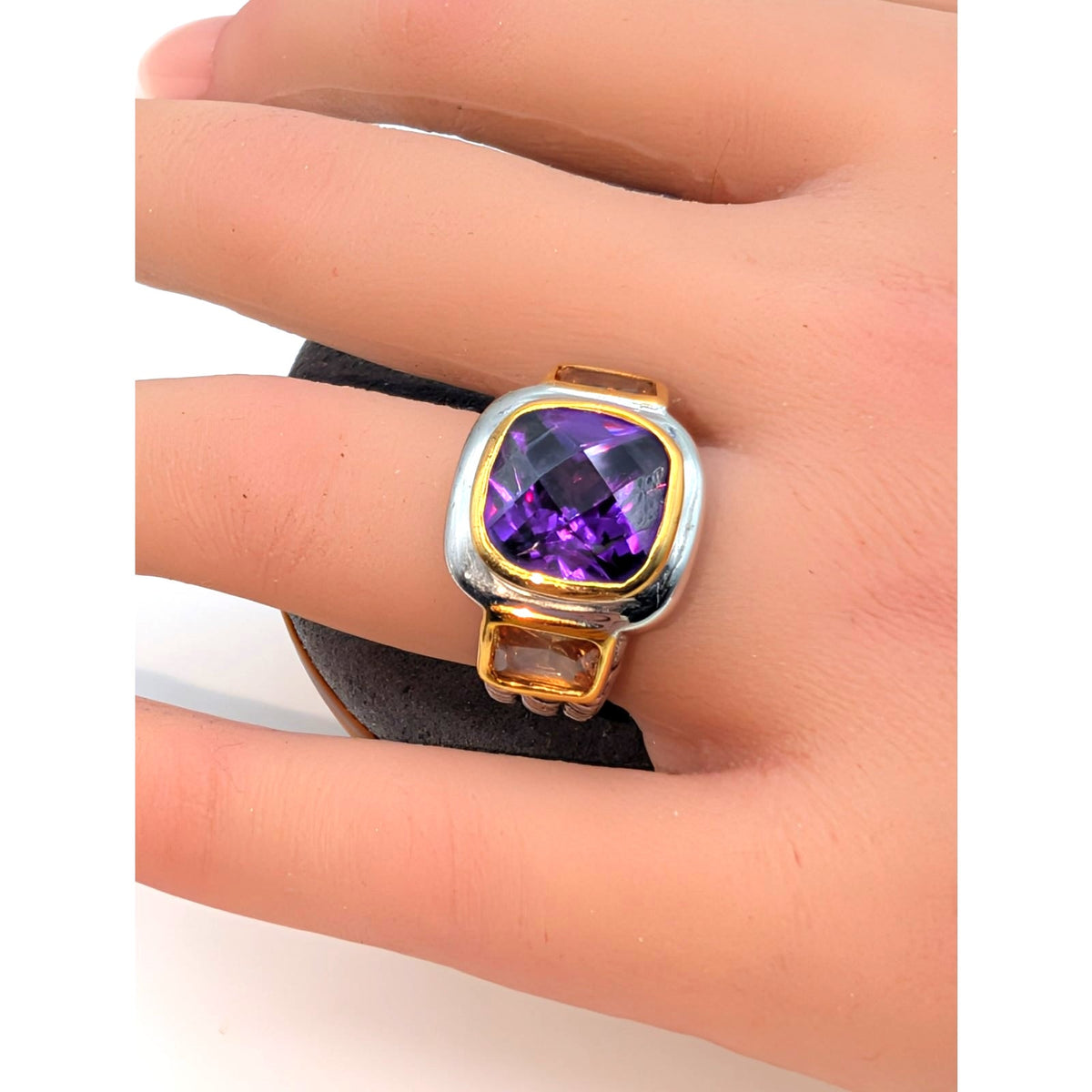 18K Gold Electroplate Mixed Metal Purple & Gold Glass Stone Ring Size 5.25
