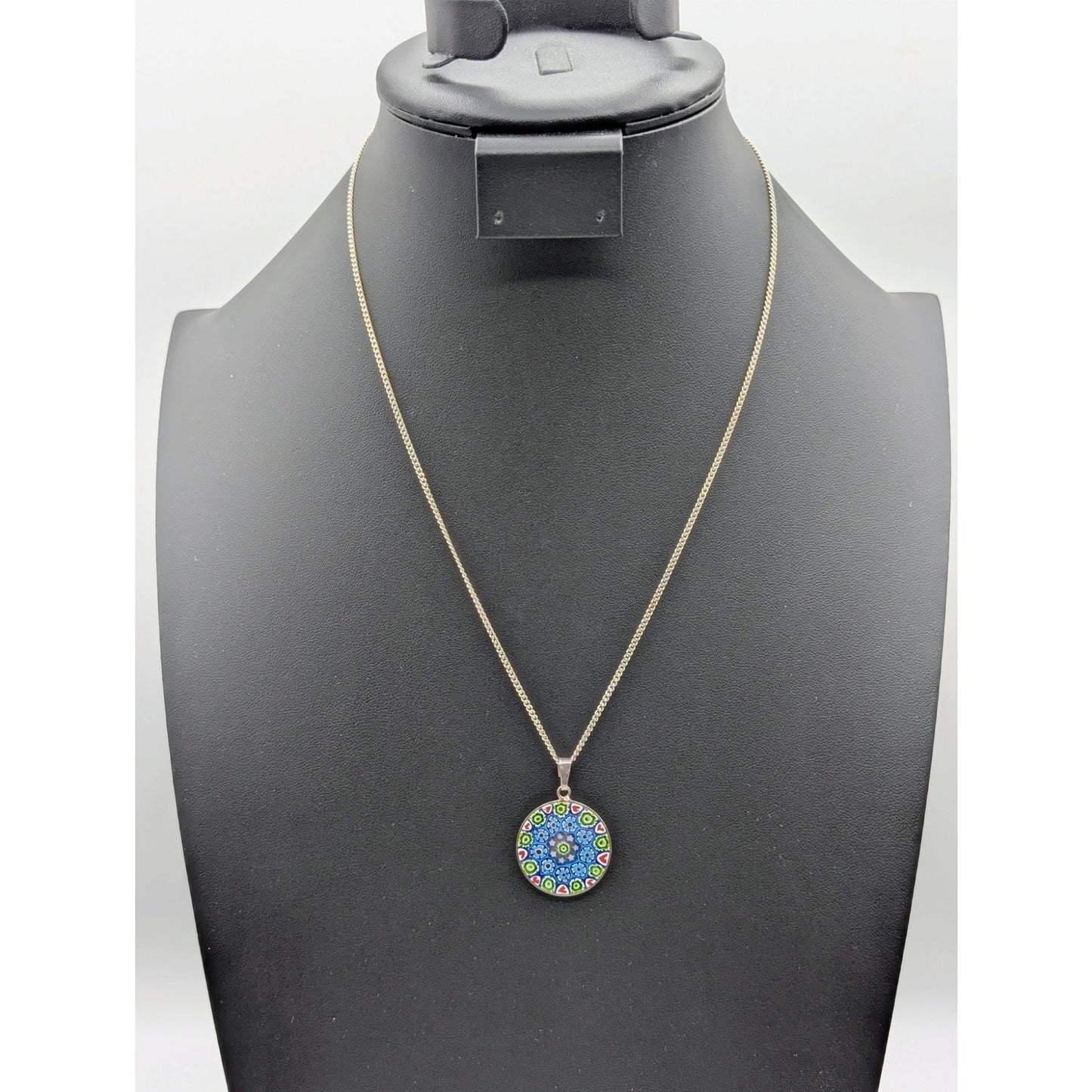 Signed M Italy 925 Murano Glass Millefiori Pendant 20" Sterling Chain Necklace