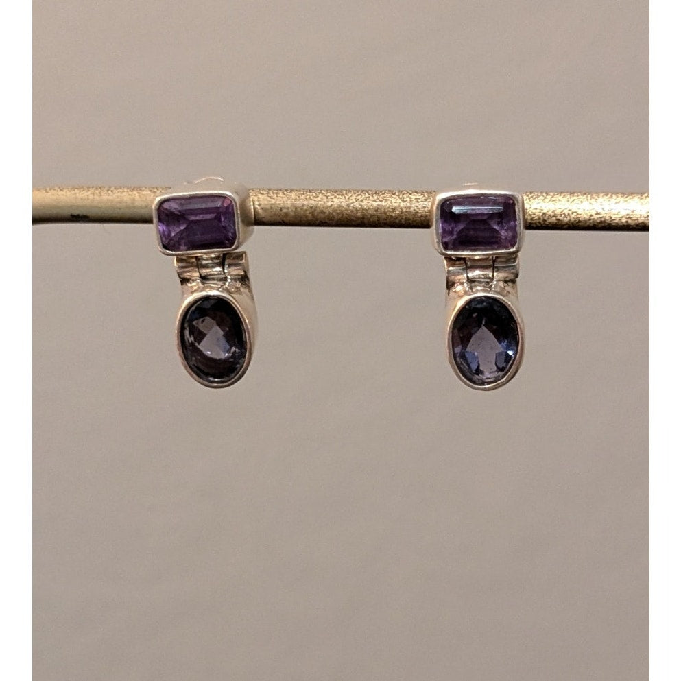 Vtg 1990s 925 Sterling Hinged Amethyst & Iolite Gemstone Drop Post Earrings