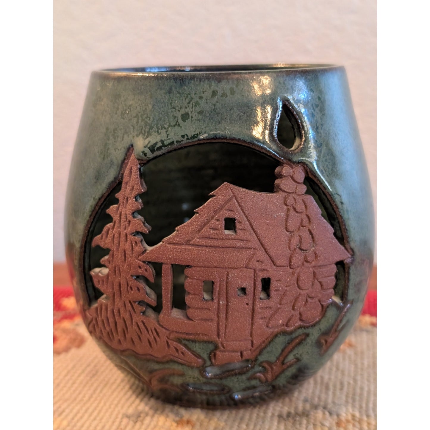 Signed RM Pottery Luminary Candle Holder Green W/ Brown Cut Out Cabincore Design