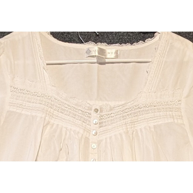 Eileen West Sleepwear White Lace Full Front Button Fine Cotton Night Gown Sz L