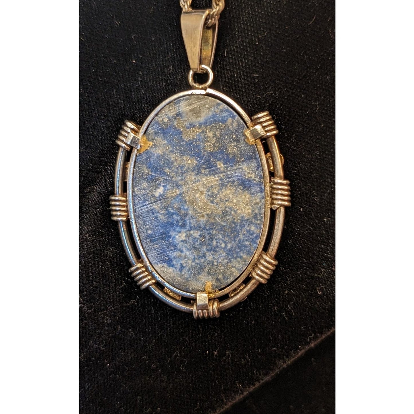 Blue Stone Bezel Set in Sterling Silver on Vintage Heavy Sterling Rope Chain