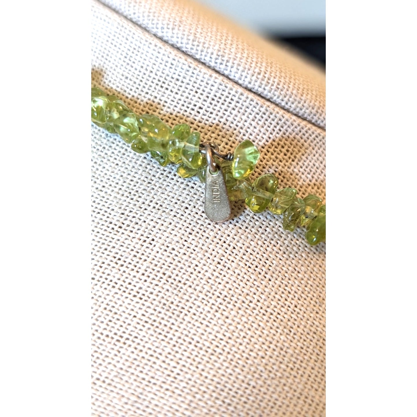Vtg India 925 Sterling Silver Peridot Chip Bead Adjustable Wire Collar Necklace