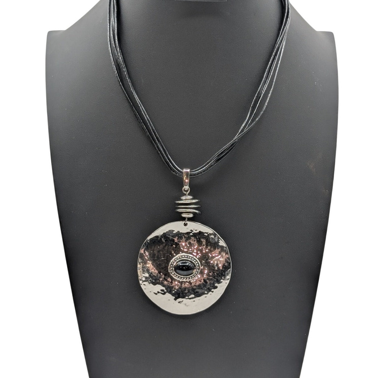 Chico's Hammered Black Bead Silver Tone Medallion Five Corded 15.5"-20" Necklace