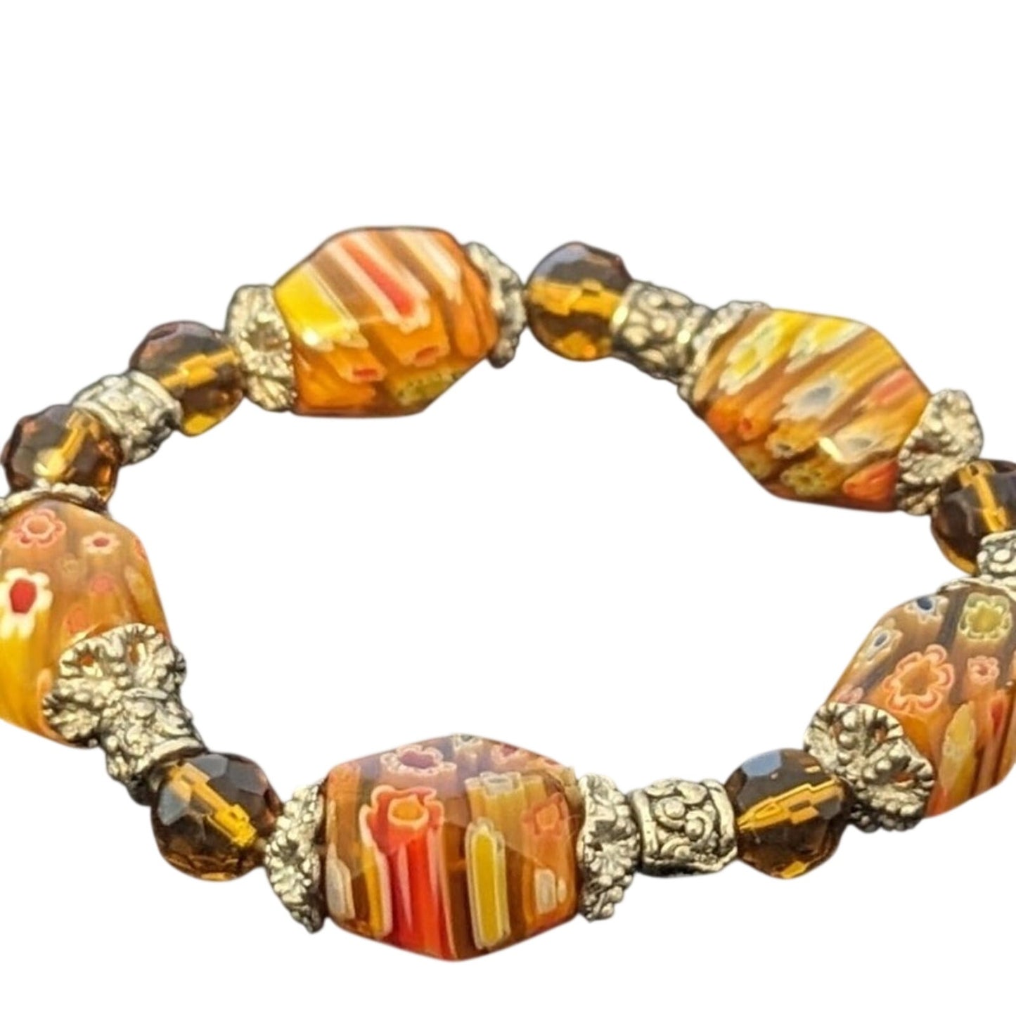 Millefiori Orange Glass Flower & Amber Beaded Stretch Bracelet