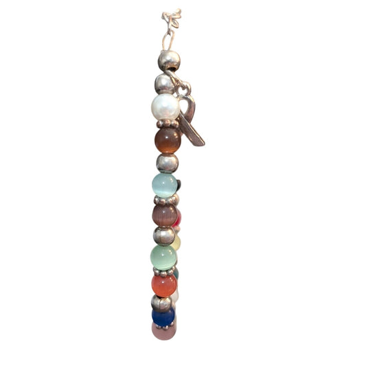 Silver Tone Multi-Color Cat Eye Bead Ribbon Charm Bracelet
