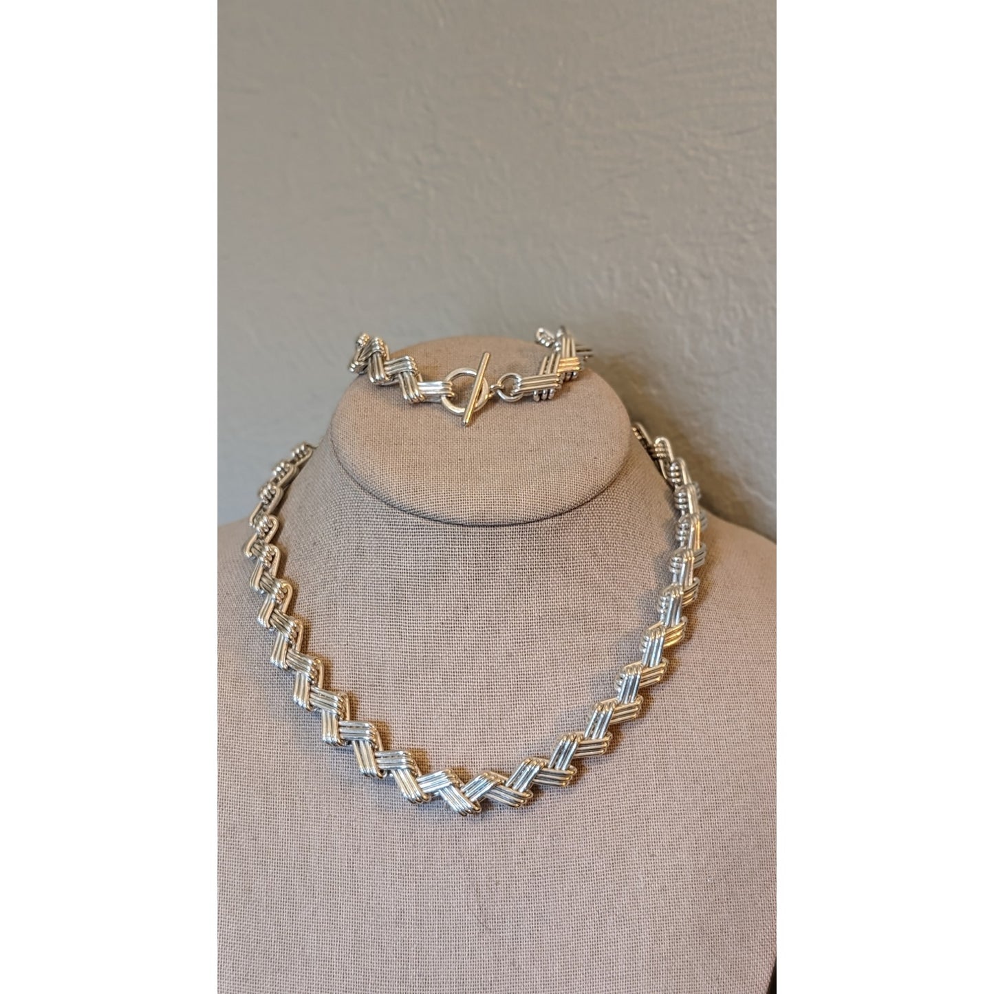 Vintage Mexico Modernist 925Sterling Silver Solid Zig Zag Necklace Bracelet Set