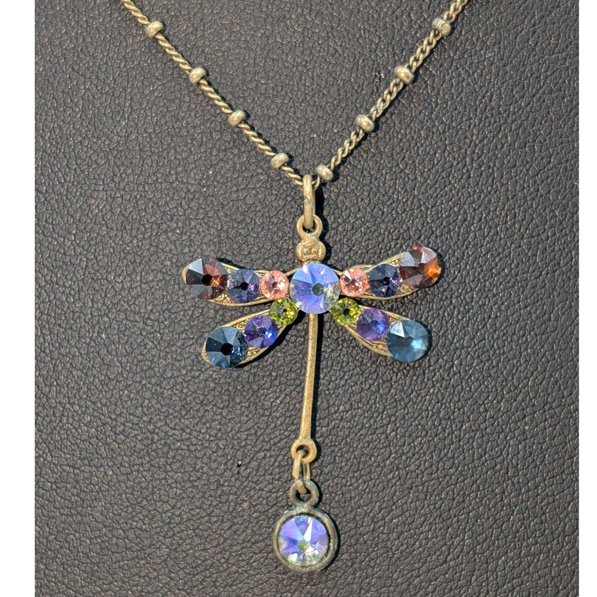 Vtg Anne Koplik Designs Crystal Antiqued Brass Beaded Chain Dragonfly Necklace