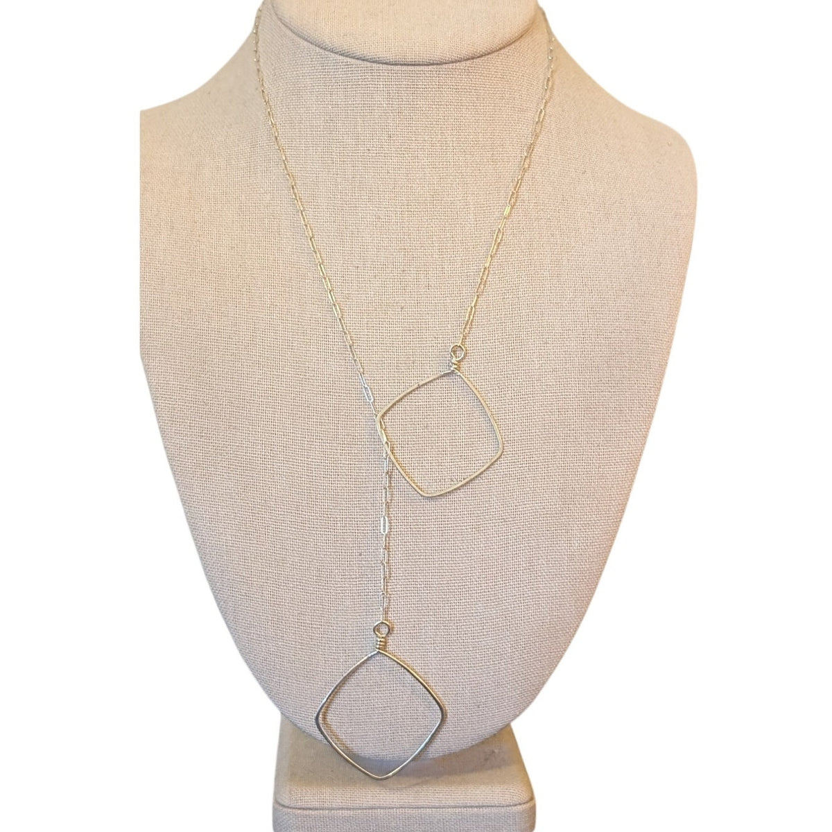 VTG 1.25" Medium Silver Forged Double Diamond/Square 22" Lariat Necklace