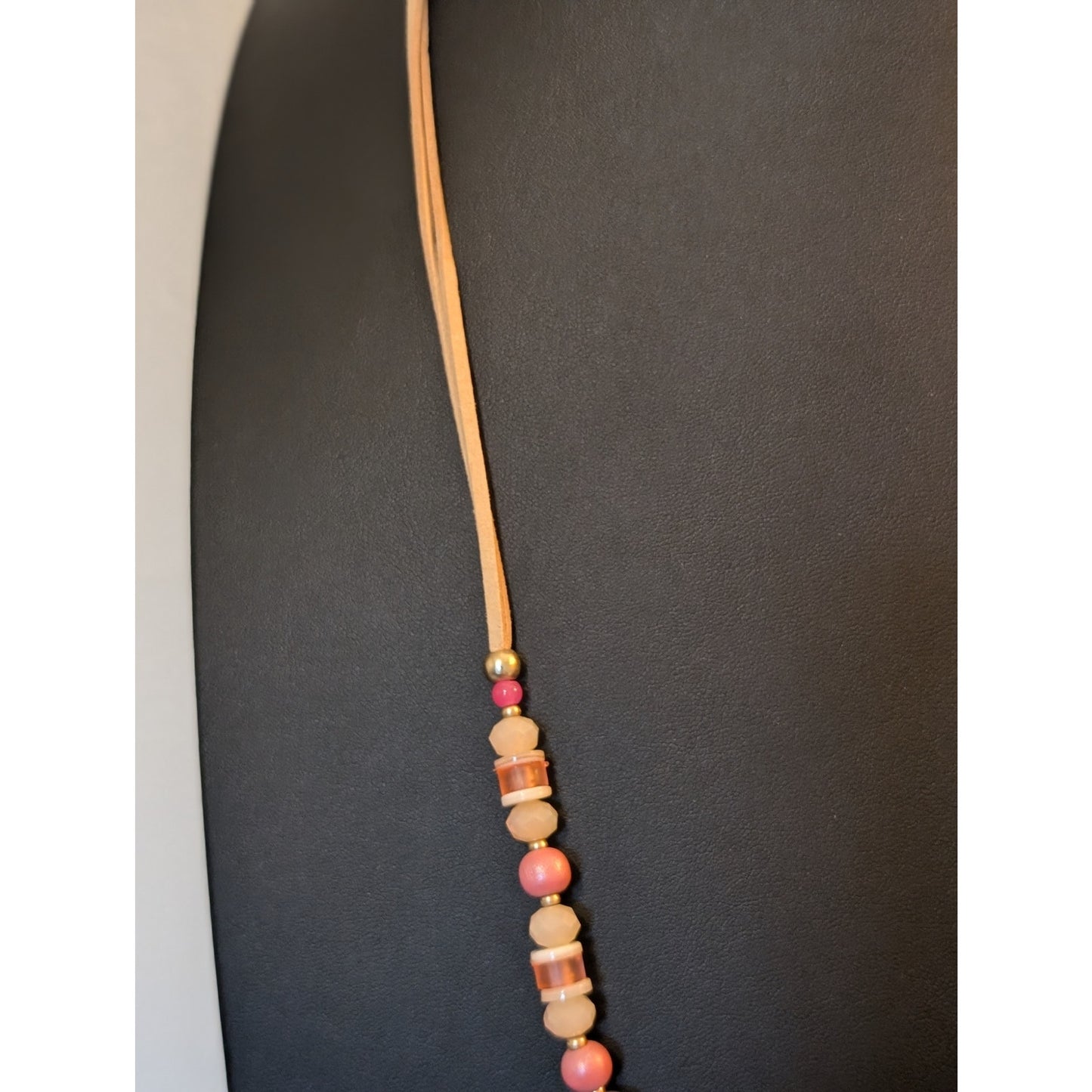 Pink Glass Bead Leather Cord Pink Satin Tassel Long Boho Necklace