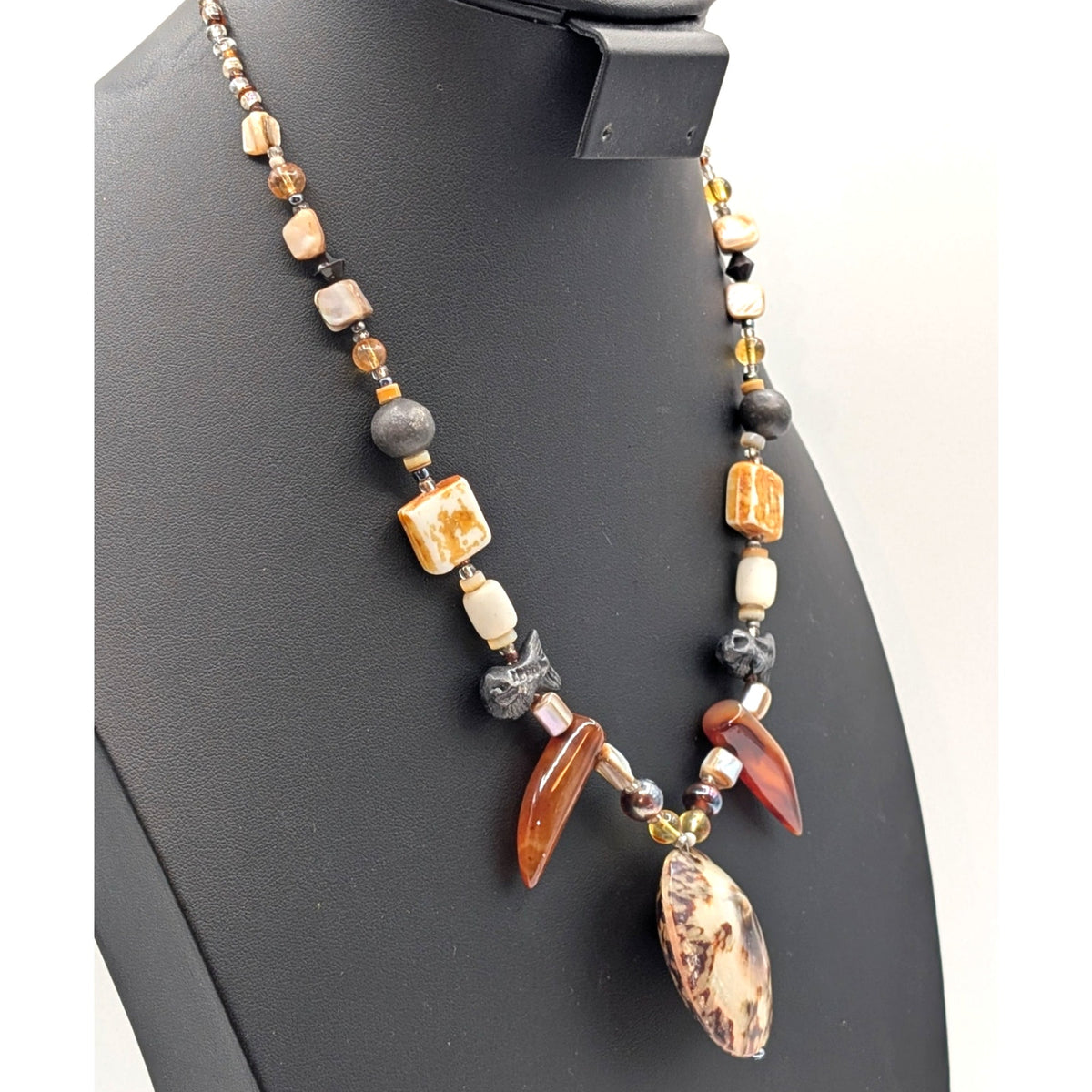 Shell Pendant Beachy Tribal Boho Glass Bead Fishy Toggle Clasp 21" Necklace