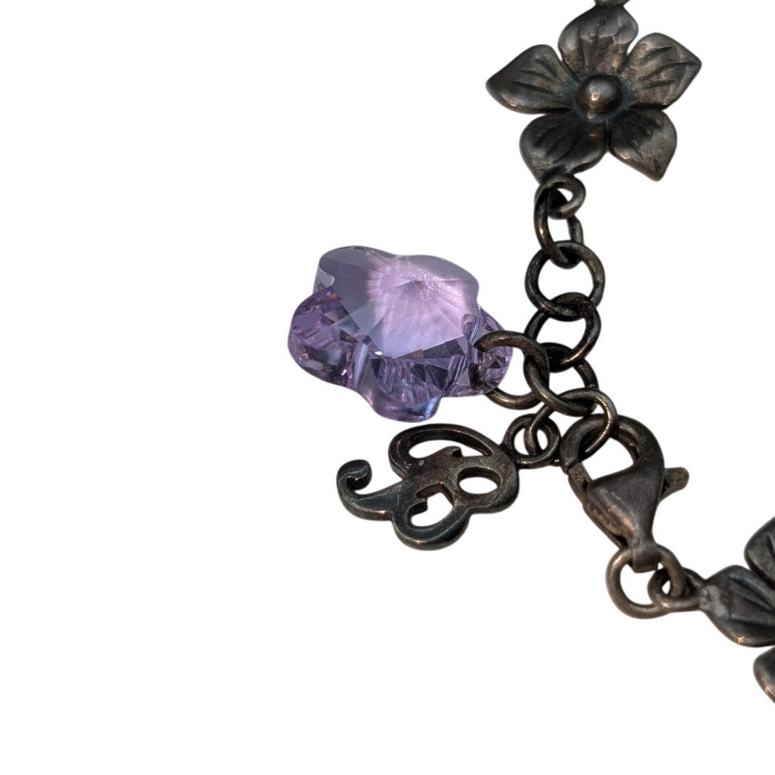 Vintage 925 Sterling Silver Flower Station Purple Crystal Flower Charm Bracelet