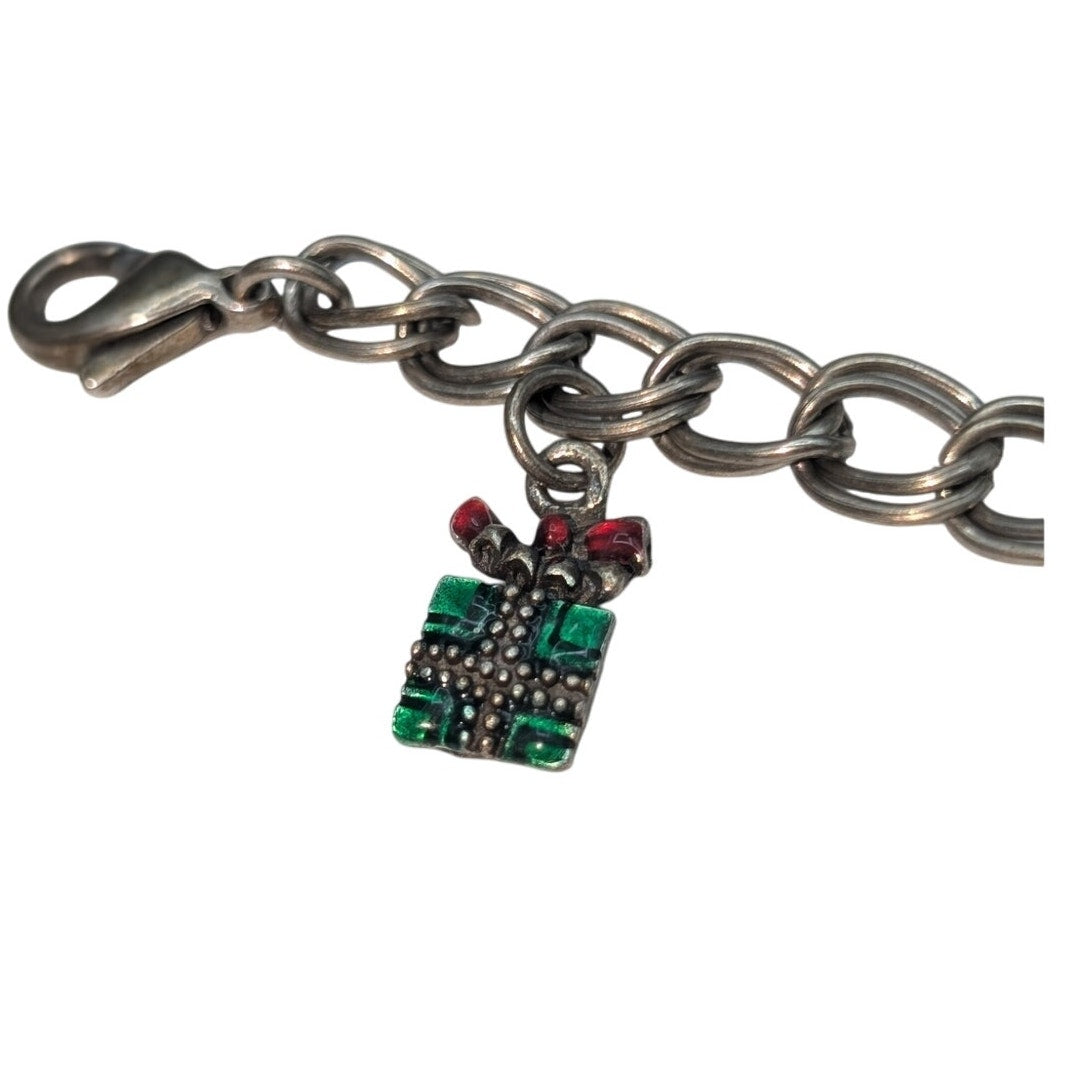 Vintage Silver Tone Double Curb Chain Link Christmas Charm 7"-8" Bracelet