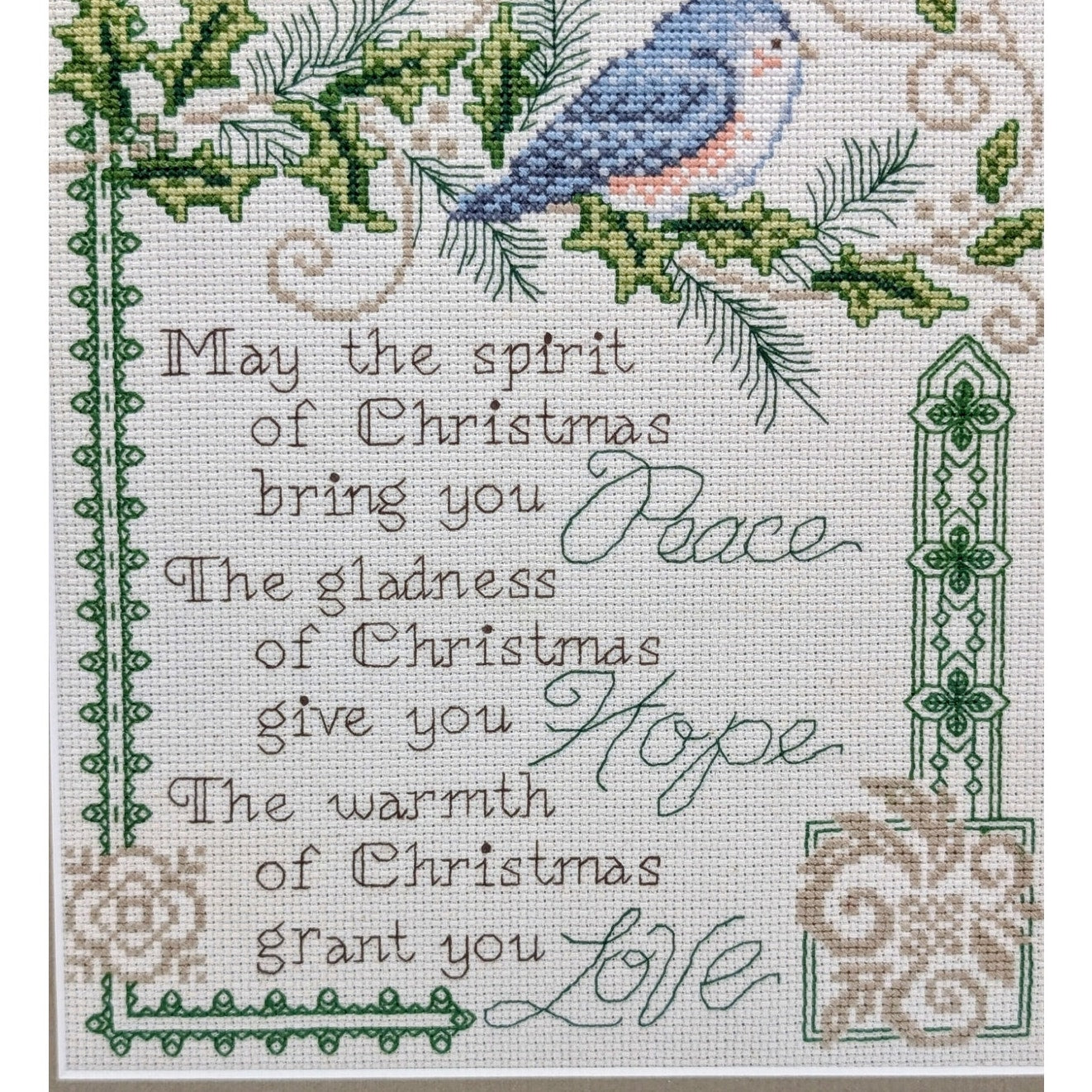 Wood Framed Under Glass Green Mat Blue Bird Christmas Prayer Cross Stitch
