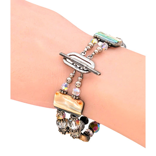 Signed Abalone Shell Chunks AB Crystal Sterling Beaded Toggle Clasp Bracelet