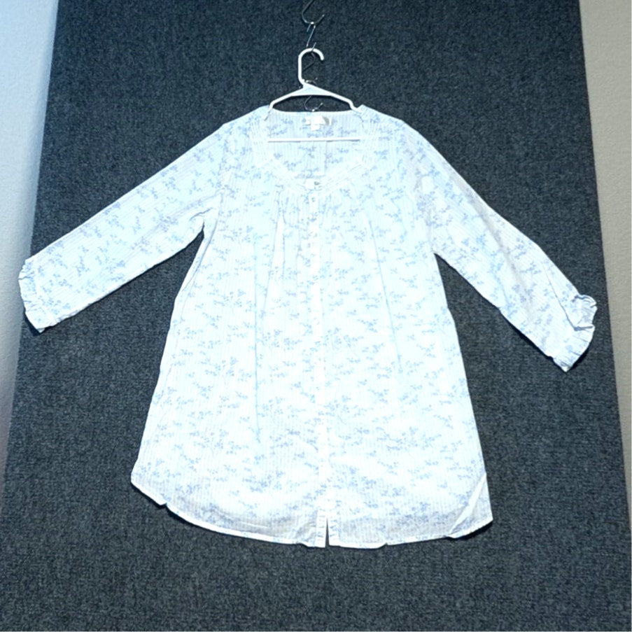 Eileen West Blue Stripe Floral Cotton Button Front 3/4 Sleeve Lace Sleepwear L