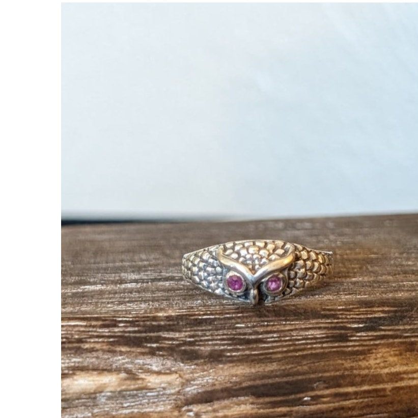925 Sterling Red/Pink Spinel Eyed Owl Ring Sz 5-5.25