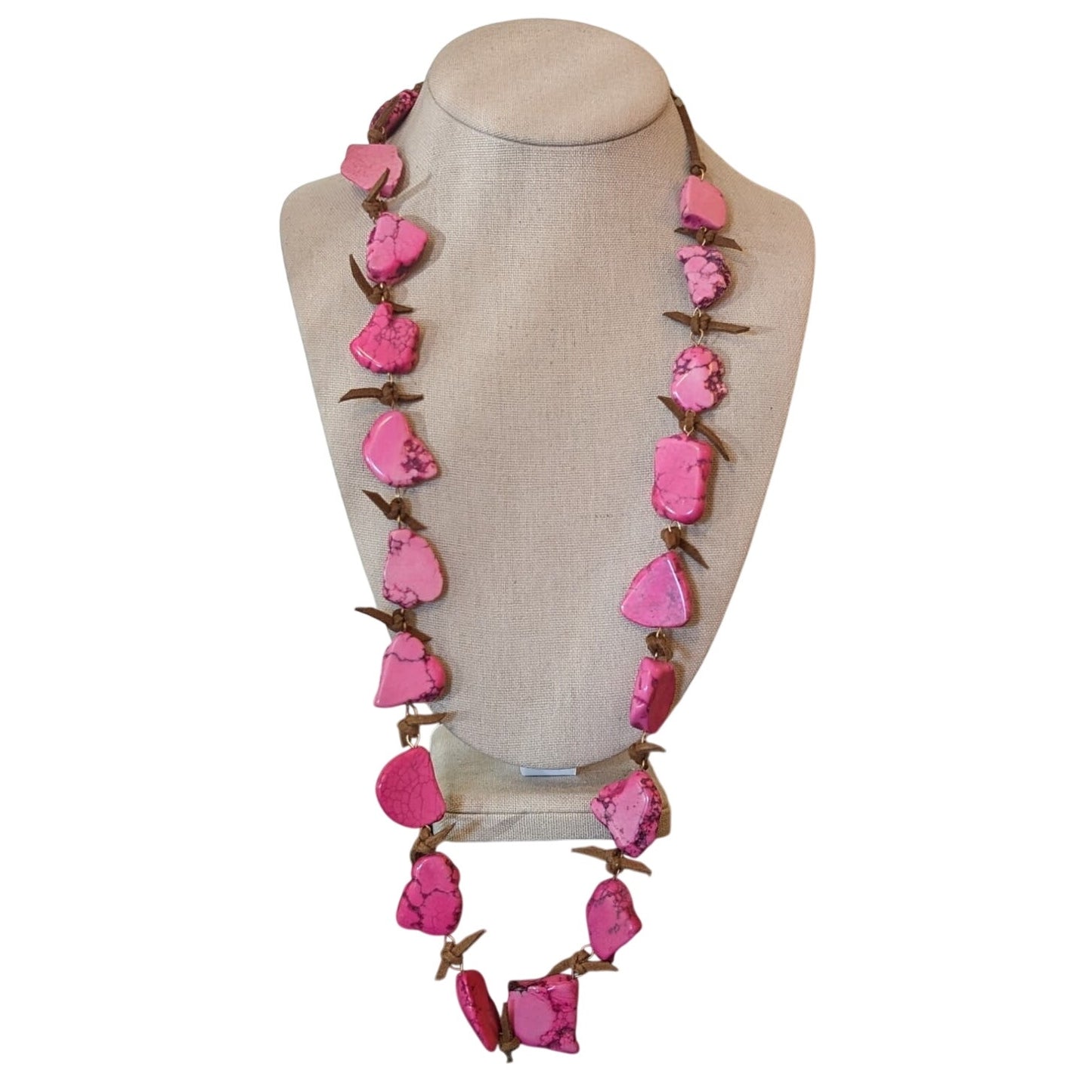 Pink Dyed Stone Necklace Strung Together w/ Rawhide Signed W