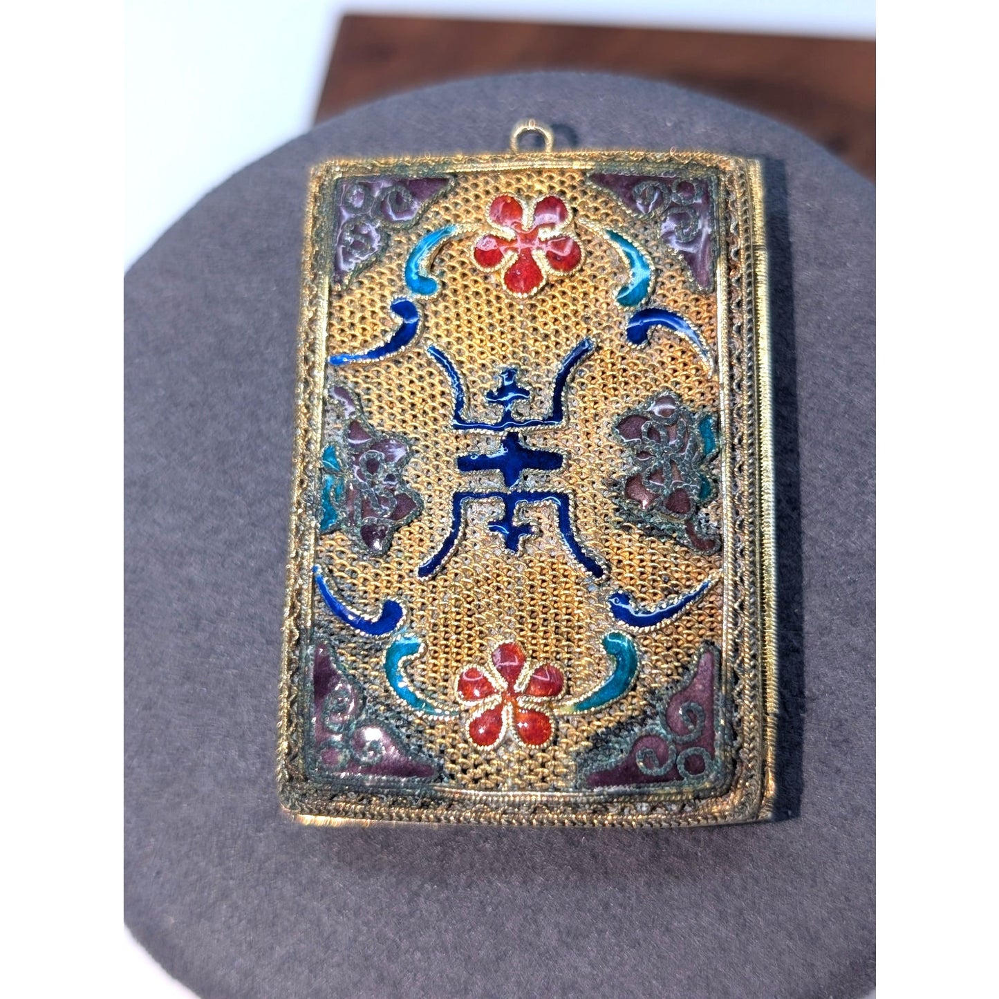 Antique Chinese Gold Tone Mesh Enamel Perfume Pendant Locket
