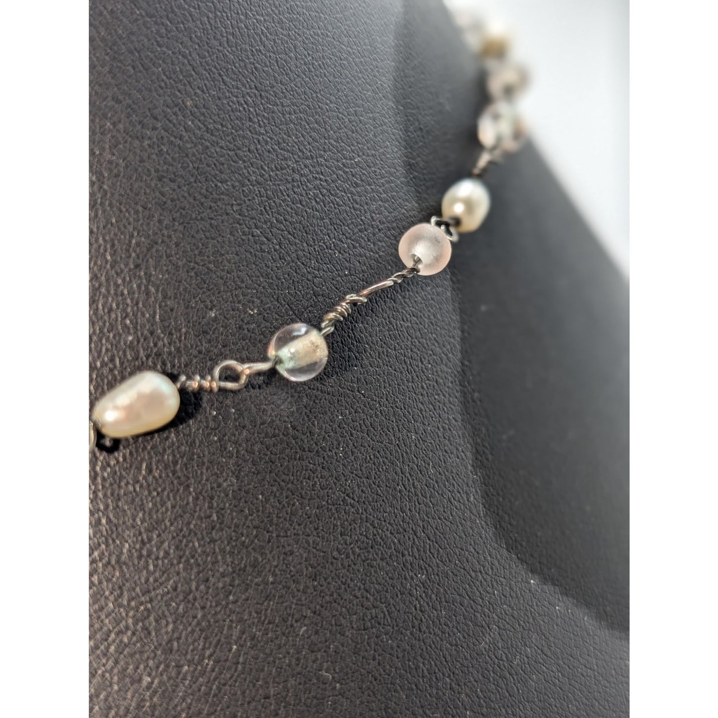 Vintage Silver Tone Glass Pearl Rosary Style Toggle Clasp Choker 16" Necklace
