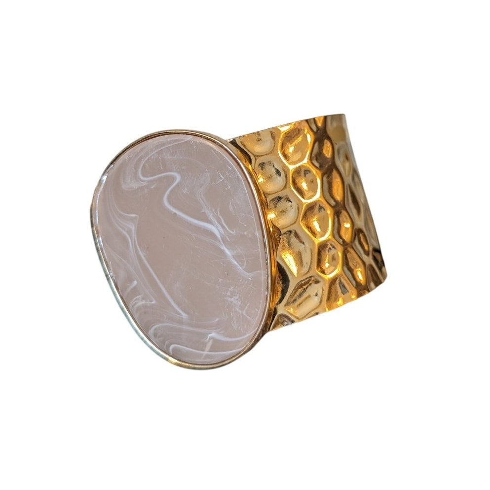 Hammered Gold Tone Cuff W/ Bezel Set Tan Swirl Faux Stone