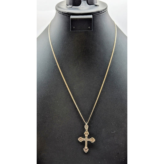 Sterling Silver Marcasite Art Deco Cross on 925 Sterling 21.5" Chain Necklace