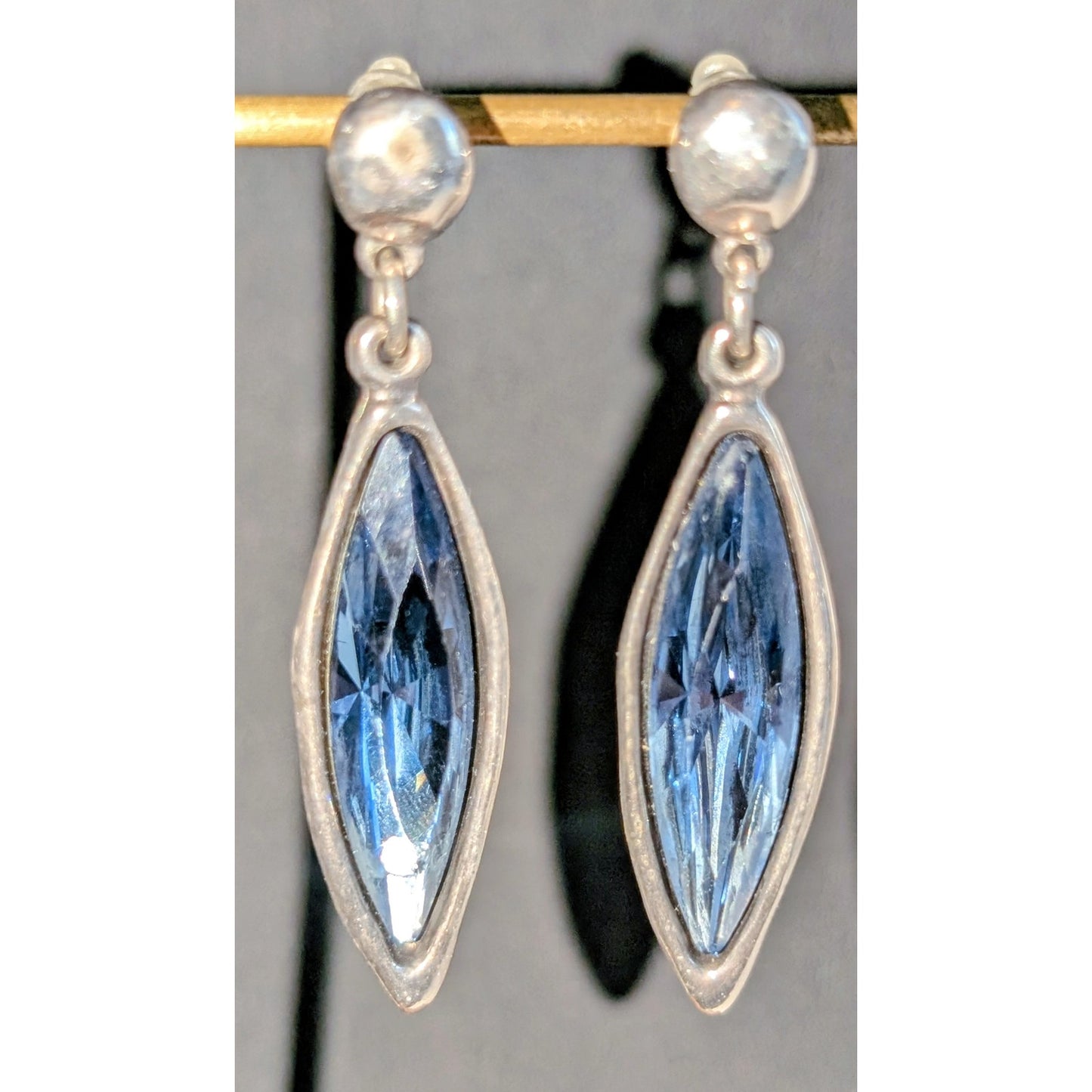 Uno de 50 Blue Swarovski Marquis Crystal Dangle Earrings (One Crystal Chipped)
