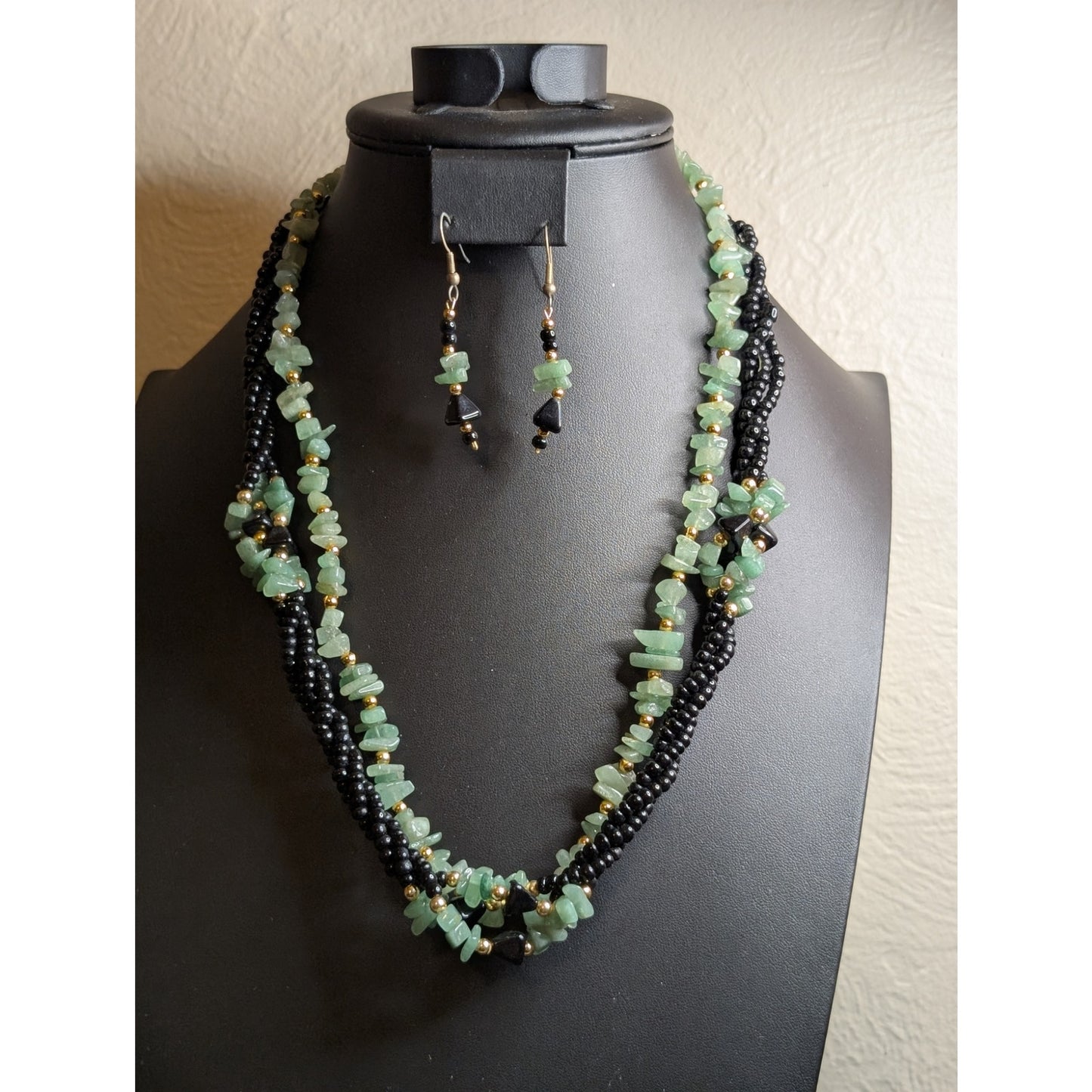 Lot of Two Vintage Green, Black & Gold Tone Beaded Necklaces & Matching Earrings