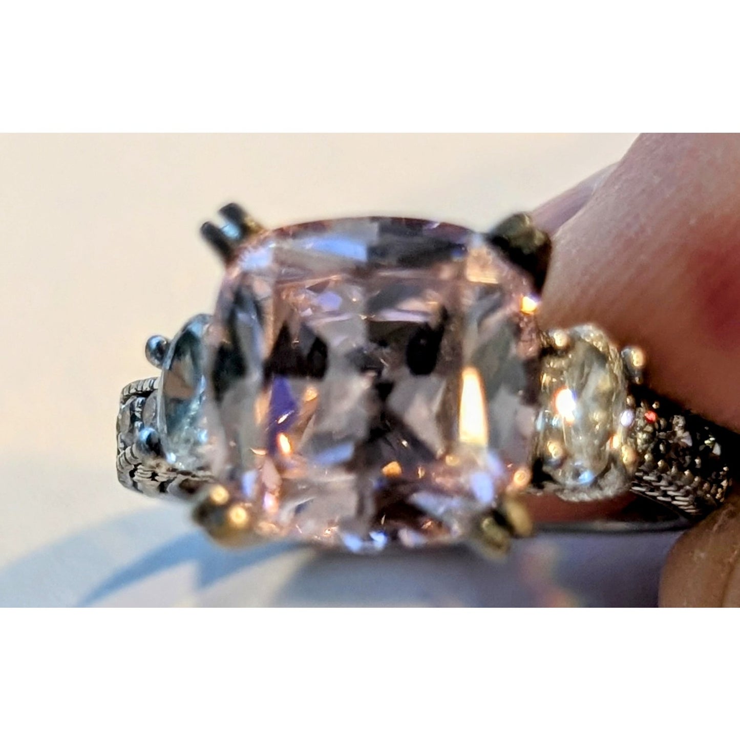 925 Sterling Silver Pink Multi Faceted Cushion Cut & CZ Ring Size 5.75