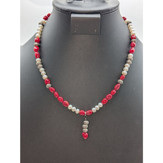 Red Coral Freshwater Pearl Silver Tone Beaded Necklace