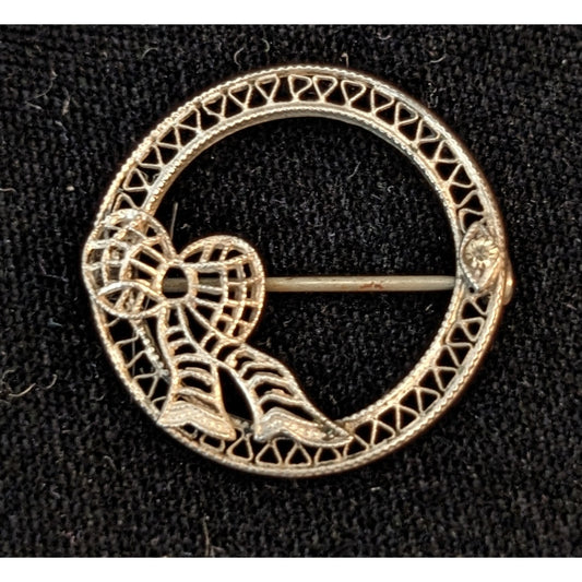 Vintage Art Deco Sterling Silver Filigree Circle Ribbon Bow Brooch Spun Silver