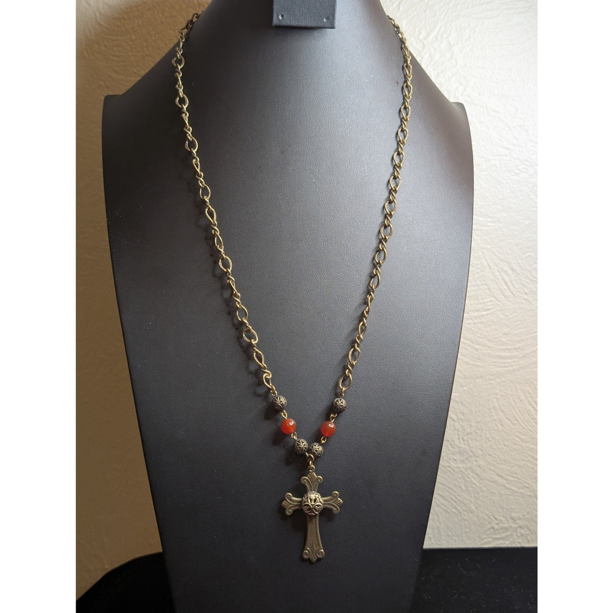 Antiqued Brass Fancy French Filigree Crystal Bead Textured Chain 26" Necklace
