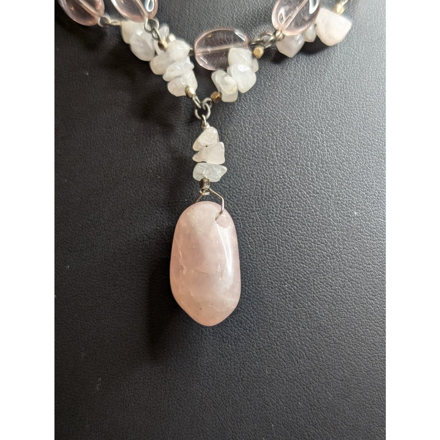 Robert Rose Pink Jadeite Quartz Chip Pink Glass Bead Double Strand Necklace