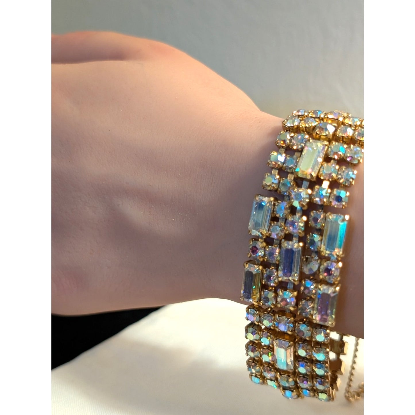 Vintage 1960s Unsigned Aurora Borealis Crystal Gold Tone Wide Bracelet W/ Safety